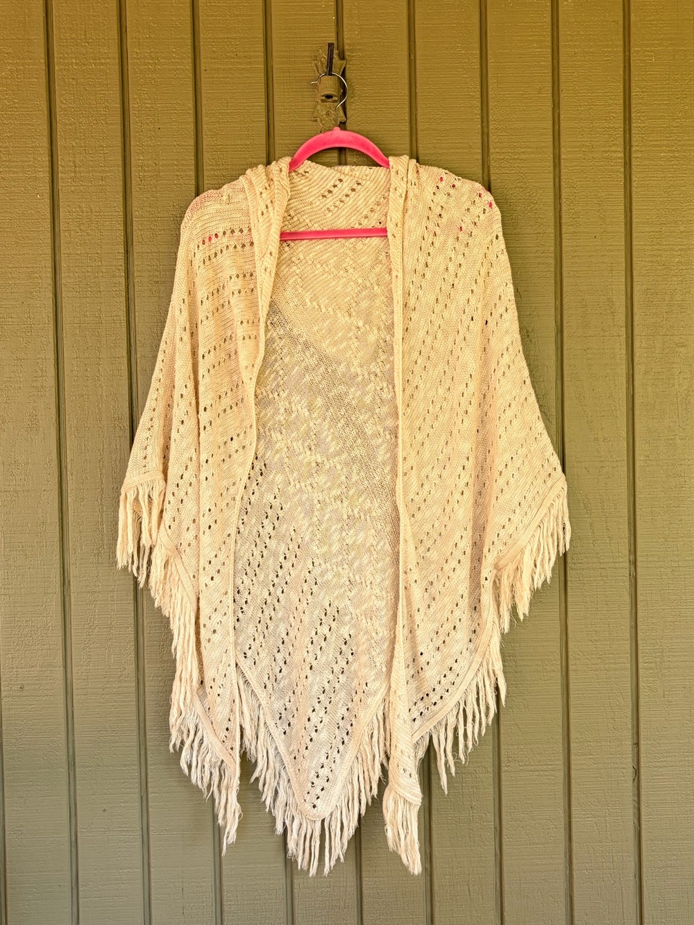 Maurices Cream Hooded Pointelle Knit Fringe Poncho Wrap XS/S